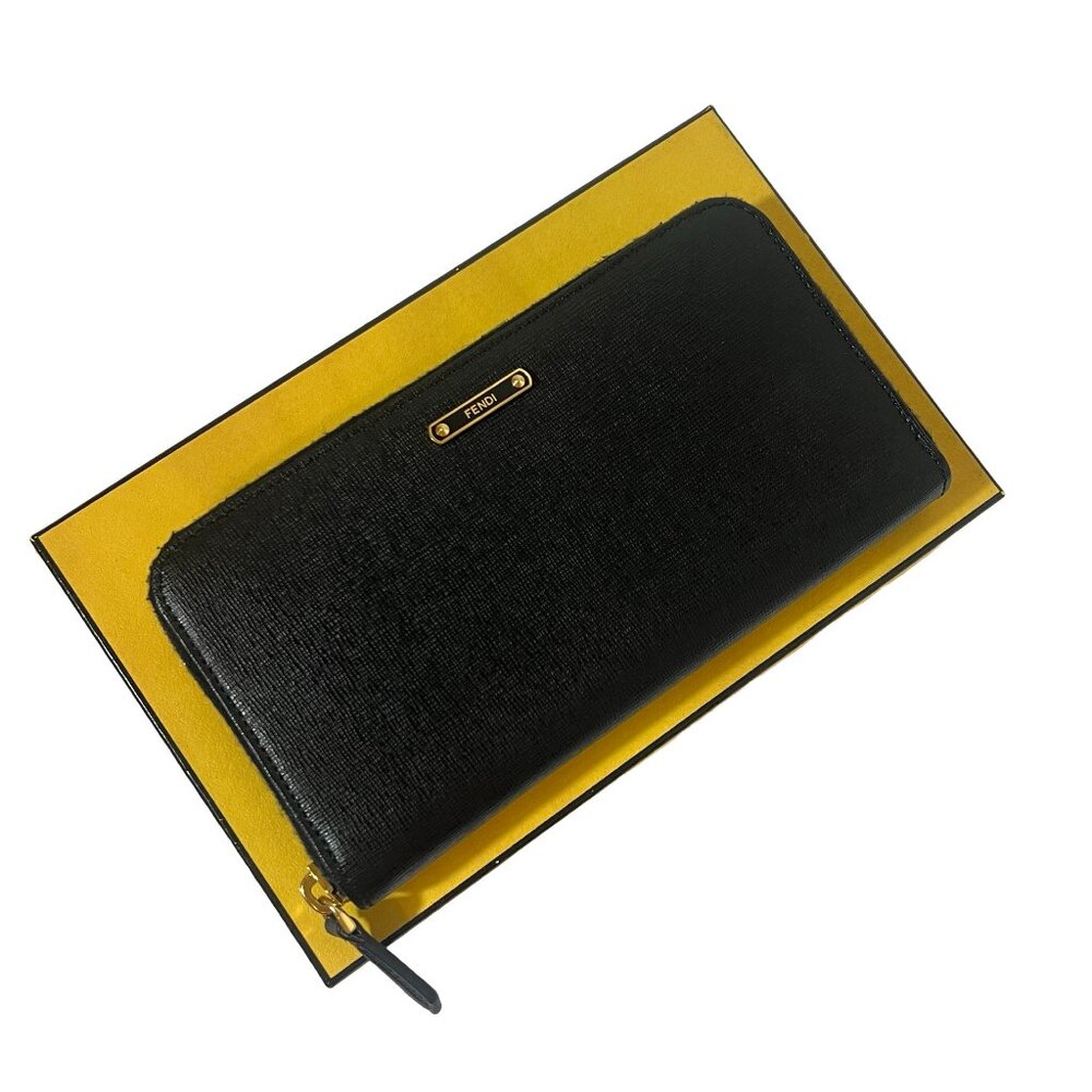 Fendi Black Leather Continental Zip Around Wallet